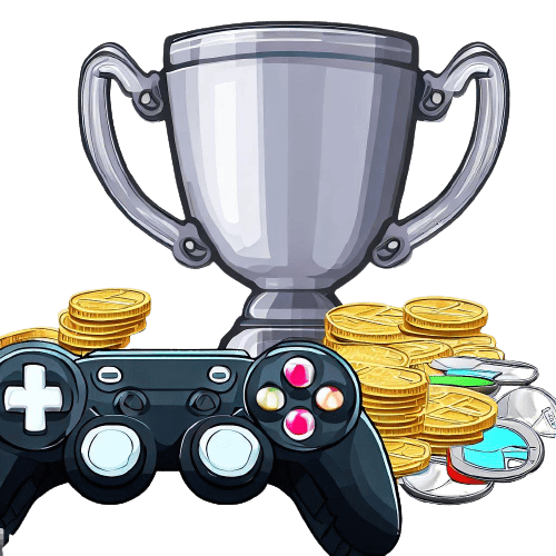 Une manette de jeux virtuelles, une coupe et des pièces d’argent